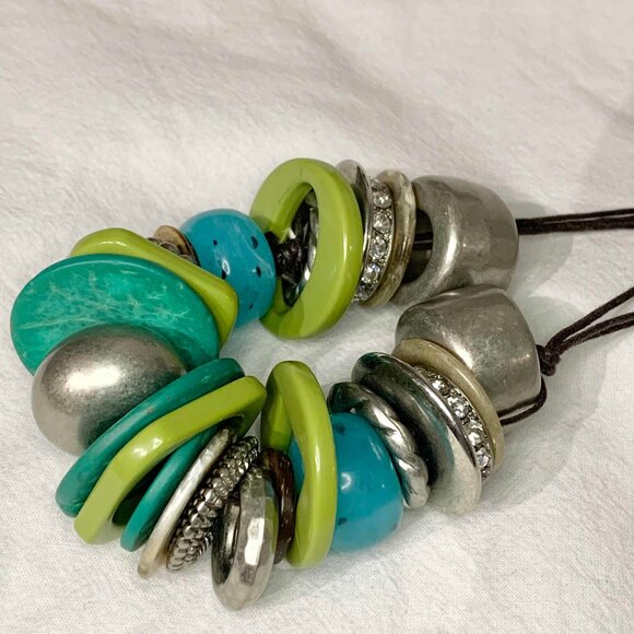 Lane Bryant Blue Green Silver Beaded Chunky Statement Necklace Jewelry - Picture 2 of 8